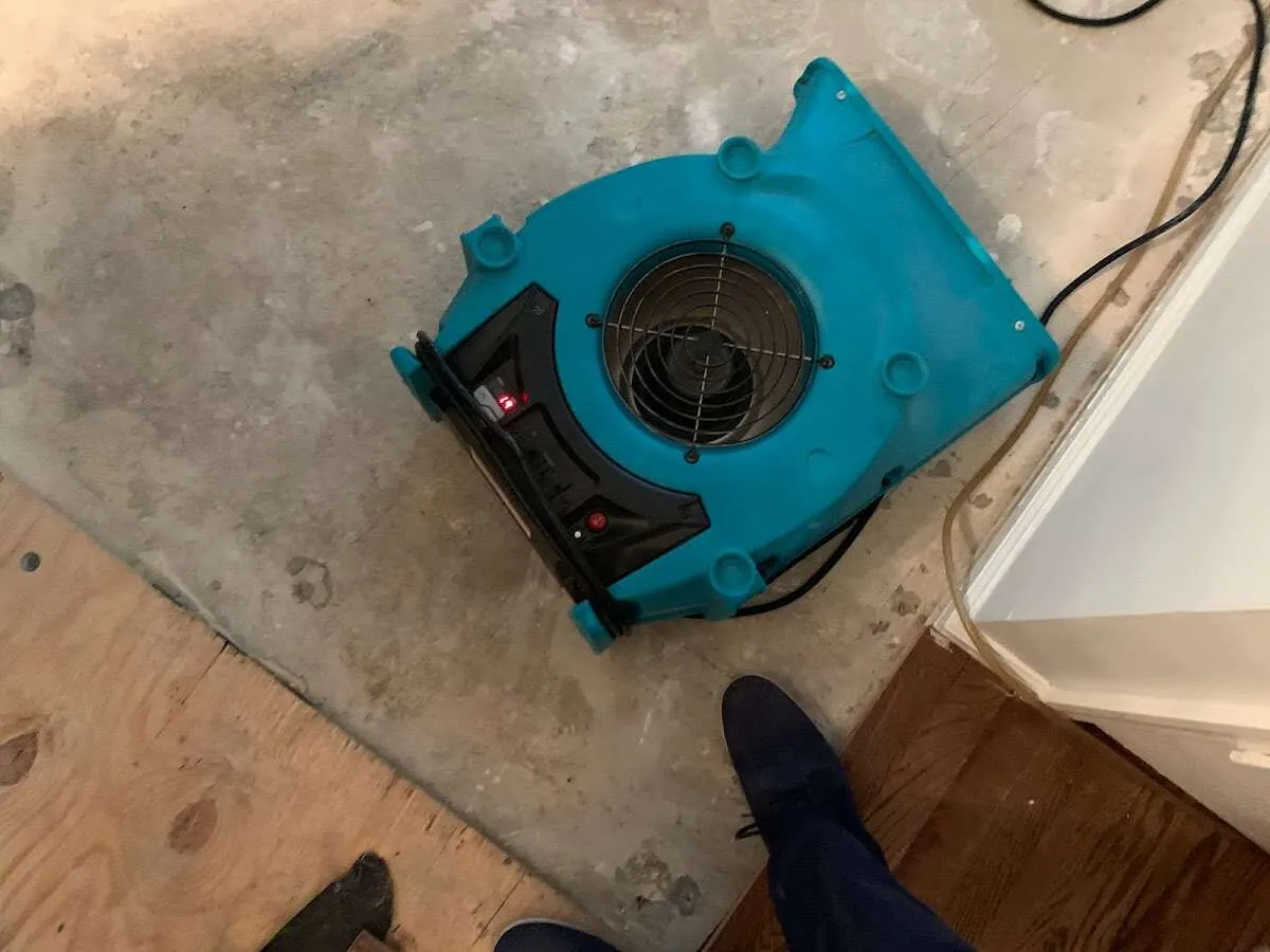 Air mover drying subfloor during Commercial Water Damage Restoration in Harwinton